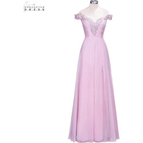In Stock Pink A-line Long Evening Dress With Crystals Sequins Sexy V-neck Off The Shoulder Evening Gowns Robe De Soiree Courte