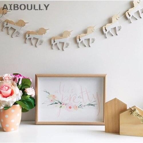 10Pcs Unicorn Wood DIY Banner Woodchips Garland For Babys bedroom Wall Decor Background Xmas Wedding Decoration Party Supplies