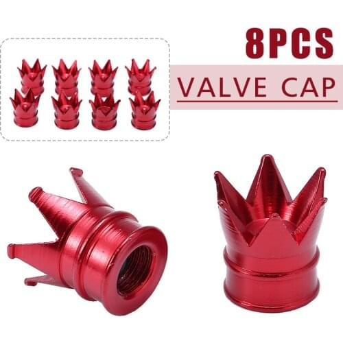 8pcs Red Aluminum Material Crown Shape Car Wheel Tire Valve Cap Truck Motorcycle Scooter Auto Air Dust Cap DIY Accessories