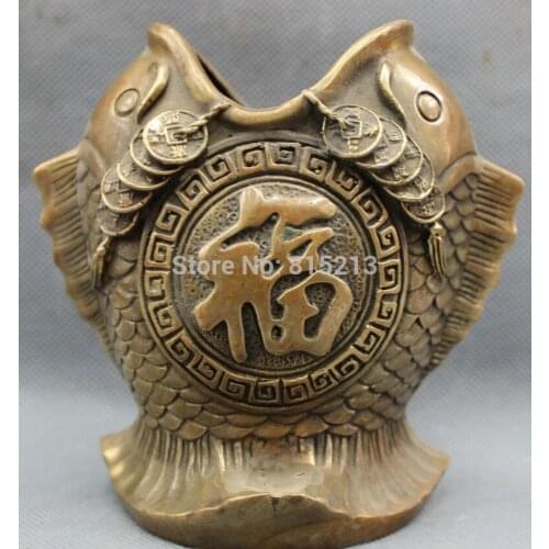 Bi001051 Chinese Bronze Copper Wealth Coin Fu 2 Fish Head Statue Brush Pot Pencil Vase