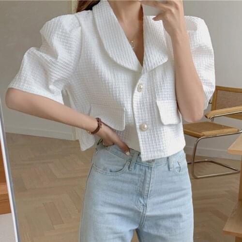 Short Sleeve Blouse Women Single-breasted Shirts Jacket Coat Female Turn-down Elegant Blouse Black Blouse White Shirts Ladies