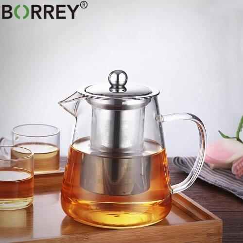 BORREY Big Glass Teapot With Removable Infuser Filter Heat-resistant Glass Tea Sets Flower Teapot Coffee Pot Large Glass Kettle