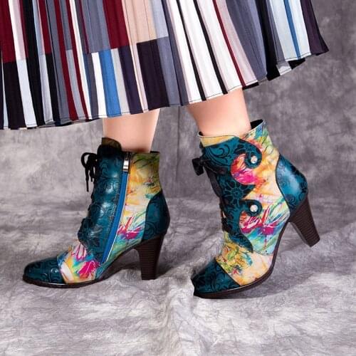 Genuine Leather Women Boots Vintage Bohemian Ankle Boots Women Shoes Lace Up Low 8CM Thick High heel Ladies printing Shoes Woman