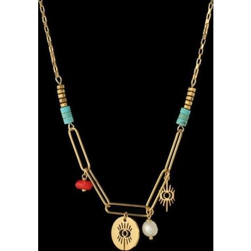 French 14k Gold Eye Pendant Choker For Women Retro Simple Design Natural Stone Pearl Totem Logo Stainless Steel Necklace