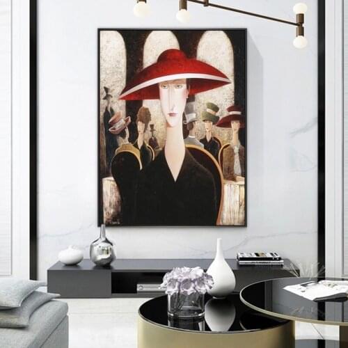 Girl with A Red Hat Abstract Art Canvas Painting Wall Art Nordic Posters and Prints Wall Pictures for Living Room Decoration