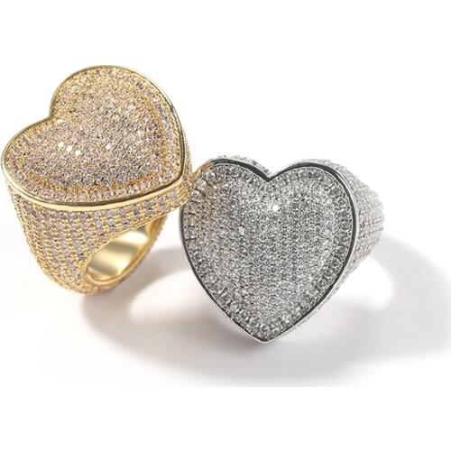 Hip Hop Claw Setting 3A+ CZ Stone Bling Ice Out Heart Shape Finger Rings for Men Women Unisex Rapper Jewelry