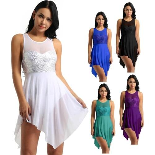 Lyrical Modern Dance Costume One Piece Dress Sequins Asymmetric Mesh Ballet Leotard Women Female Ballroom Latin Dance Bodysuit