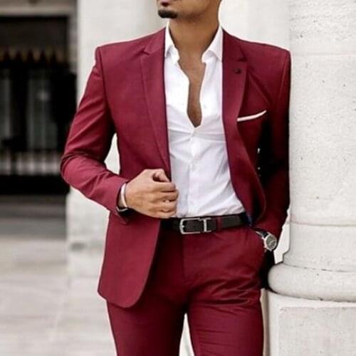 2 Pieces Mens Suit Burgundy Slim Fit Notch Lapel Costumes Tuxedos For Business Formal Office Wedding Bridegroom Men clothes