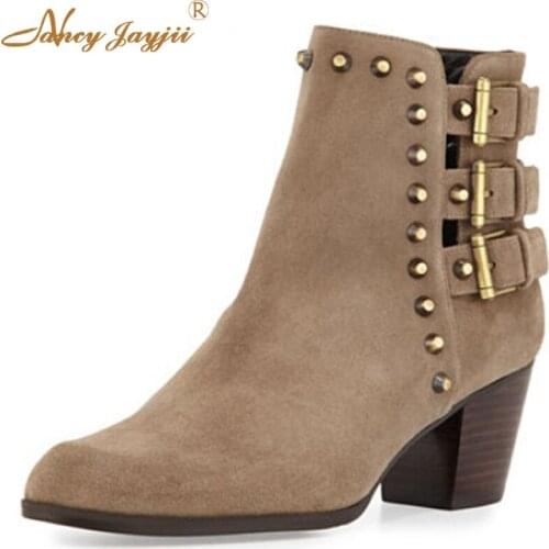 Fashion Studded Suede Ankle Rivet Low Heels Boots Shoes For Woman,Neutral Pointed Toe Outdoor&Snow Lala ikai Women