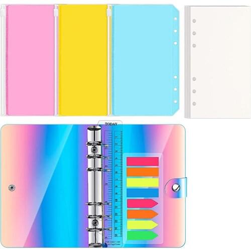 A6 Soft PVC Notebook Binder Cover Budget Planner Binder Round Ring Protector with 3 Binder Pocket, 1 Loose Leaf Paper and Marker