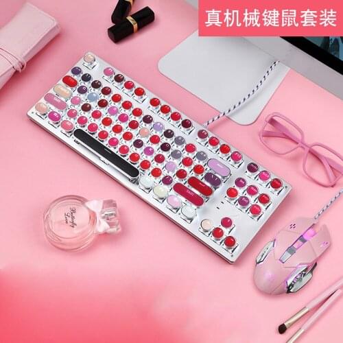 Pink cute lipstick real mechanical keyboard and mouse set green axis punk retro round key typing special for gaming