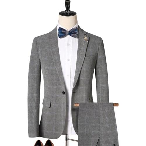 2021Jacket+pants New Korean version of the British plaid two-piece suit mens casual suit wedding banquet