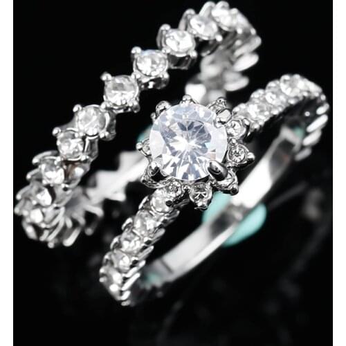 Paired Classic Wedding Bridal Ring Engagement Shiny Brilliant Crystal Stone Silver Plated Rings for Women Charm Jewelry Gift