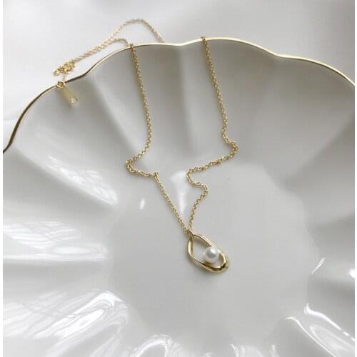 Authentic 925 Sterling silver Gold Irregular Open Hollow Geometric with Pearl necklace charms X215