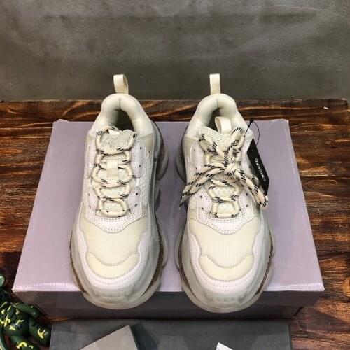 Popular all-match fashion trends triple shoes clear sole chunky sneaker nylon mesh and fabric round toe lace up women men shoes