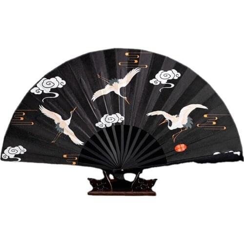 Crane Illustrated Folding Fan Chinese Style 10-inch Accessories Black Silk Fabric Bamboo Fan