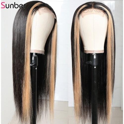 Sunber Highlight Blonde Lace Closure Straight Wig 150% density Remy Long Preplucked Natural Hairline 4x4 Peruvian Human Hair Wig
