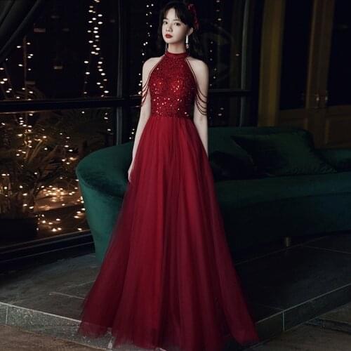 Burgundy Evening Dresses Tassel Sleeveless Halter Plus size A-line Floor-length Simple Sequins New Woman Formal Party Dress A273