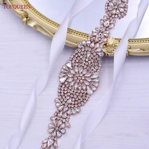 TOPQUEEN S123-RG Rose Gold Rhinestone Bridal Belt Newest Prom Dresses Belts Fashion Beads Bridal Belt Crystal Wedding Sash Belt