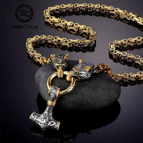 Viking Odin Thunder Hammer Wolf Head Necklaces Vegvisir Amulet MJOLNIR Pendant Norse Runes Anchor Titanium Steel Chain Jewelry