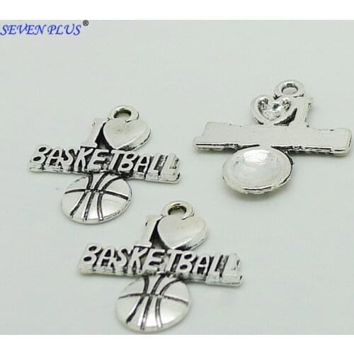 High Quality 50 Pieces/Lot 20mm*22mm Antique Silver Plated Letter I love Basketball Basketball Charm