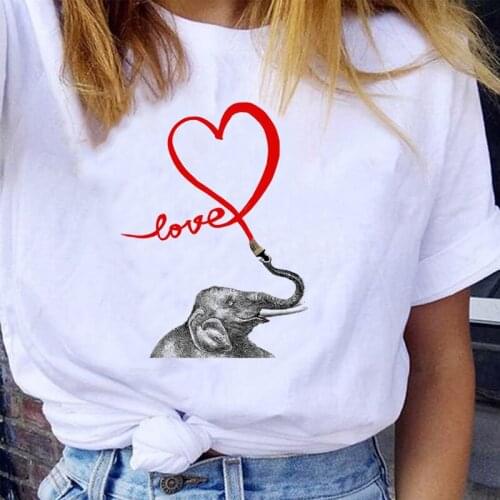 Women Lovely Animal Elephant Valentines Day Love Short Sleeve Cartoon Lady Clothes Tops Tees Print Sweet Tshirt T-Shirt
