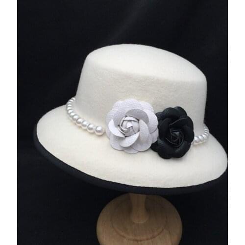 2021 autumn and winters new arrival white wool womens bucket hat with Pearl flower POTS