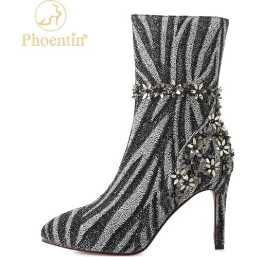 Phoentin sexy pointed toe Ethnic flower striped short boots Womens Autumn winter Ankle boot thin High Heel Shoes size 43 FT1672
