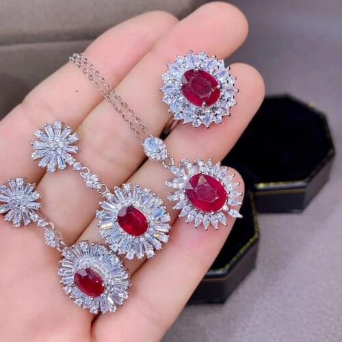 100% Real and Natural Ruby Set 925 Sterling Silver 1pc Ruby Ring,2pcs Ruby Earring,1pc Ruby Pendant Birtday Jewelry Wholesale