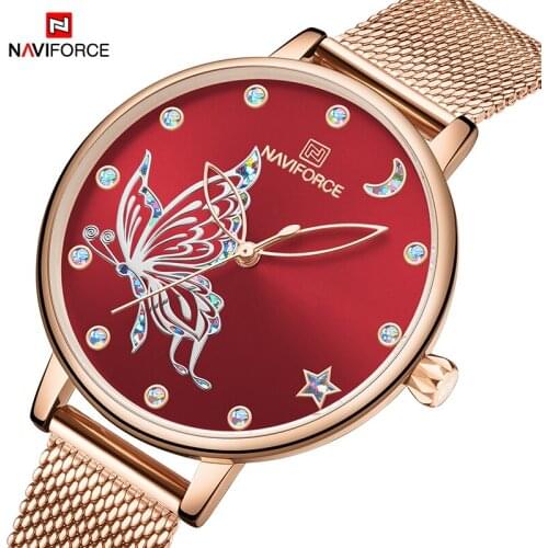 2021NAVIFORCE Elegant Watches Ladies Waterproof Casual Business With Butterfly Pattern Red Womens Bracelet Famale Wrist Watches
