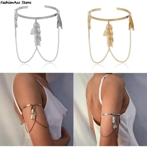 Boho Retro Leaves Upper Cuff Bangle Armband Arm Slave Chain Bracelet Jewelry