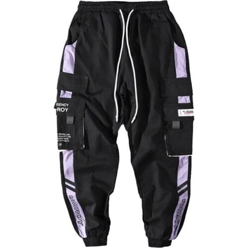 Hip Hop Ribbons Cargo Pants Men Joggers Pants Mens Streetwear Military Pants 2020 Fashion Male Elastic Waist Pant Cotton Black