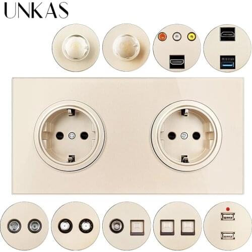 UNKAS Dual EU Gold Glass Panel Socket+ Dimmer Fan Regulator Switch HDMI-Compatible USB TV RJ45 Internet RJ11 Telephone Outlet