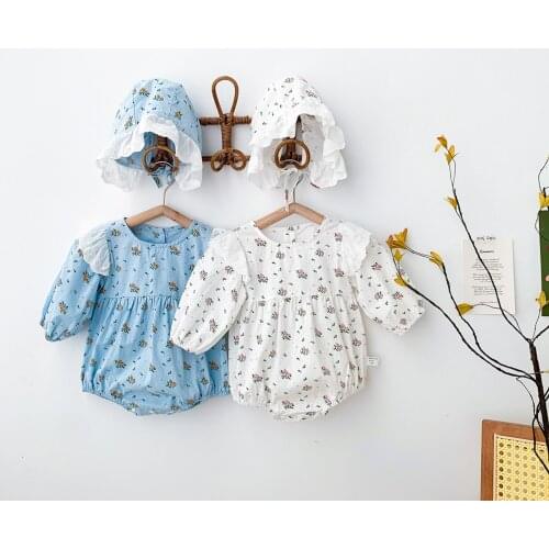 FOCUSNORM 2pcs Lovely Baby Girls Autumn Jumpsuits 0-24M Flowers Printed Lace Long Sleeve Button Romper Hat