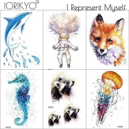 IORIKYO Fox Kids Cartoon Temporary Tattoo Stickers Women Dolphin Children Flash Tattoo Raccoon Cartoon Waterproof Arm Tatoos