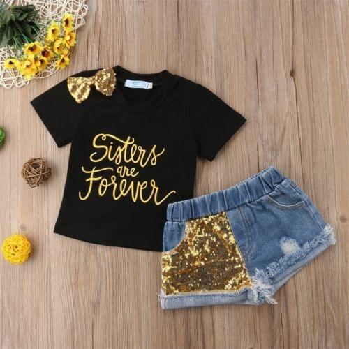 Toddler Kids Baby Girl Clothes Sequins Outfits Clothes T-shirt Tops+Denim Shorts 2PCS