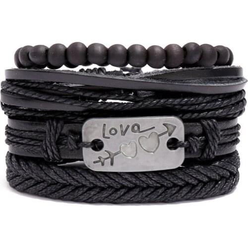 Fashion Black Multilayer Bracelet Set Love Heart Charm Leather Wristbands Men Women Adjustable Wrap Bangle Vintage Punk Jewelry
