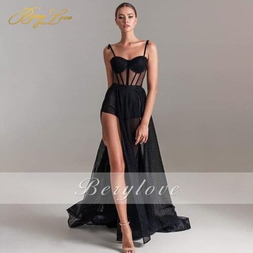 Berylove Black Prom Dress Spaghetti Strap Illusion Dot Mesh Party Dress Floor Length Formal Party Gowns Short Vestido De Festa