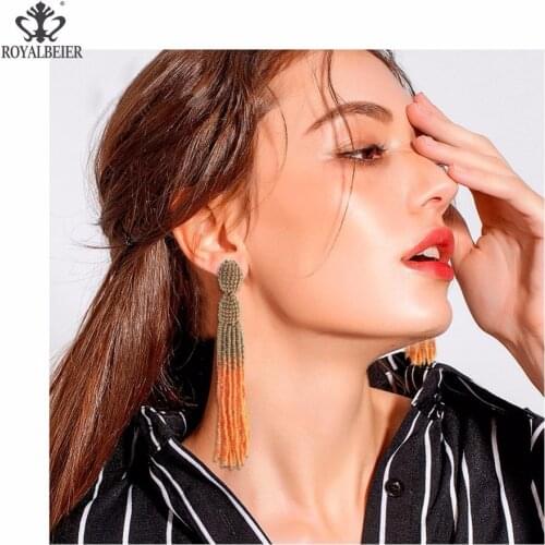 ROYALBEIER Boho Ethnic Large Tassel Fringe Earrings Handmade Small Beads Statement Earrings Party Dangle Long Drop Earrings Gift