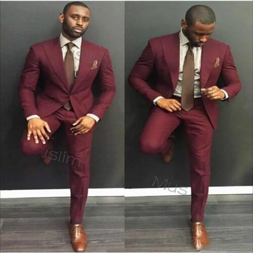 Classy Burgundy Wedding Mens Suits Slim Fit Bridegroom Tuxedos For Men Two Pieces Groomsmen Suit Cheap Formal Business Jackets
