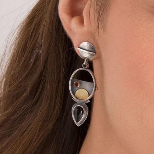 Vintage Ethnic Oval Hanging Pear Stone Earrings Geometric Hip Hop Modern Teardrop Stone Drop Dangle Circle Disc Earrings Gift