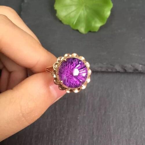 Fine Jewelry Real 18K Gold Round Diamonds100% Natural Amethyst Gemstones Female Rings for Women Fine Ring