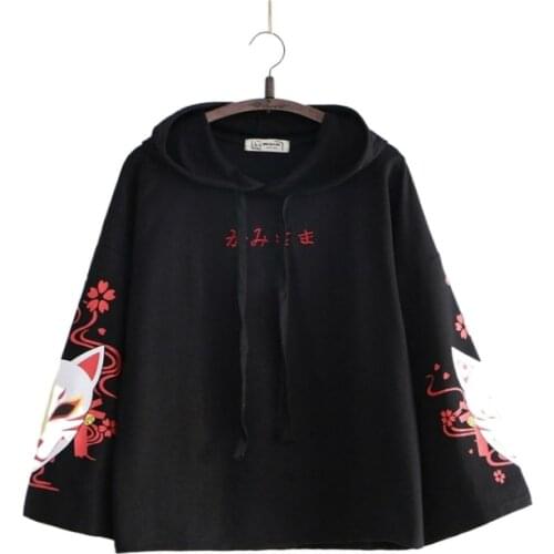 Black Letter Embroidery Cartoon Print Women Hoodies 2020 Autumn Flare Sleeve Drawstring Hooded Sweatshirts Ladies Korean Tops