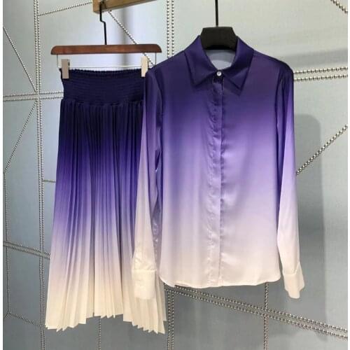 New Designer Spring 2021 Fashion womens elegant skirt suit High quality Long sleeves Shirts+pleated skirts 2piece set C008