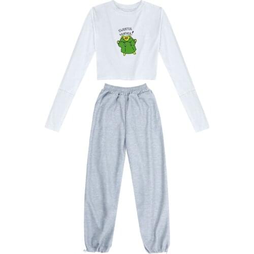 Cool Cute Frog Crop Top Long Sleeve Cotton Harajuku Two-piece Suit Women Aestethic Punk Tight T Shirt Wide Leg Sweatpant Joggers