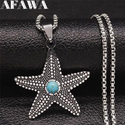 2021 Fashion Bohemia Green Stone Starfish Stainless Steel Chain Necklace for Women Jewelry collier inoxydable femme N3602S01