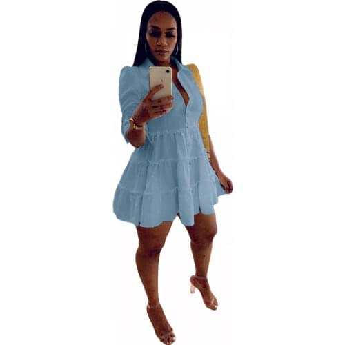 Women Deep V Neck Half Sleeve Fit and Flare Dress Plus Size Solid Color Buttons Up A-line Dress Summer Pleated Ruffles Dress