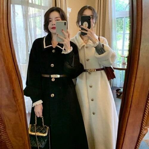 JuneLove Women Winter Solid Soft Long Sleeve Woolen Coats Female Vintage Single Breasted Outerwears Ladys Warm Coats Outwears