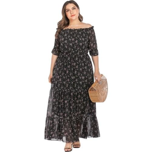 2021 Floral Print Off Shoulder Dress Plus Size Summer Women Slash Neck Ruffles Chiffon Boho Dress Maxi Long Tunic Beach Dresses