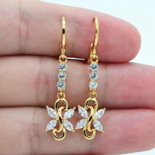 Gold Color Women Fashion Clear Crystal Flower Dangle Earrings Engagement Jewelry